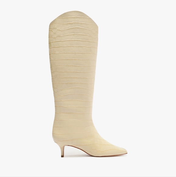Schutz Maryana Lo Cream Croc Leather Kitten Heel Tall Boots - Size 7 - Picture 2 of 16